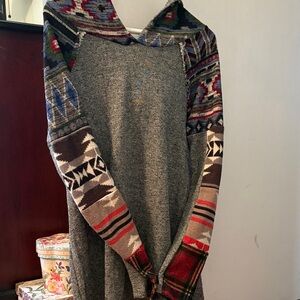 Gray Hooded Sweater with Multicolor Patterned Sleeves